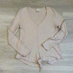 Anthropologie Saturday Sunday Women's Oatmeal Ribbed Emilia Tie Front Top - S